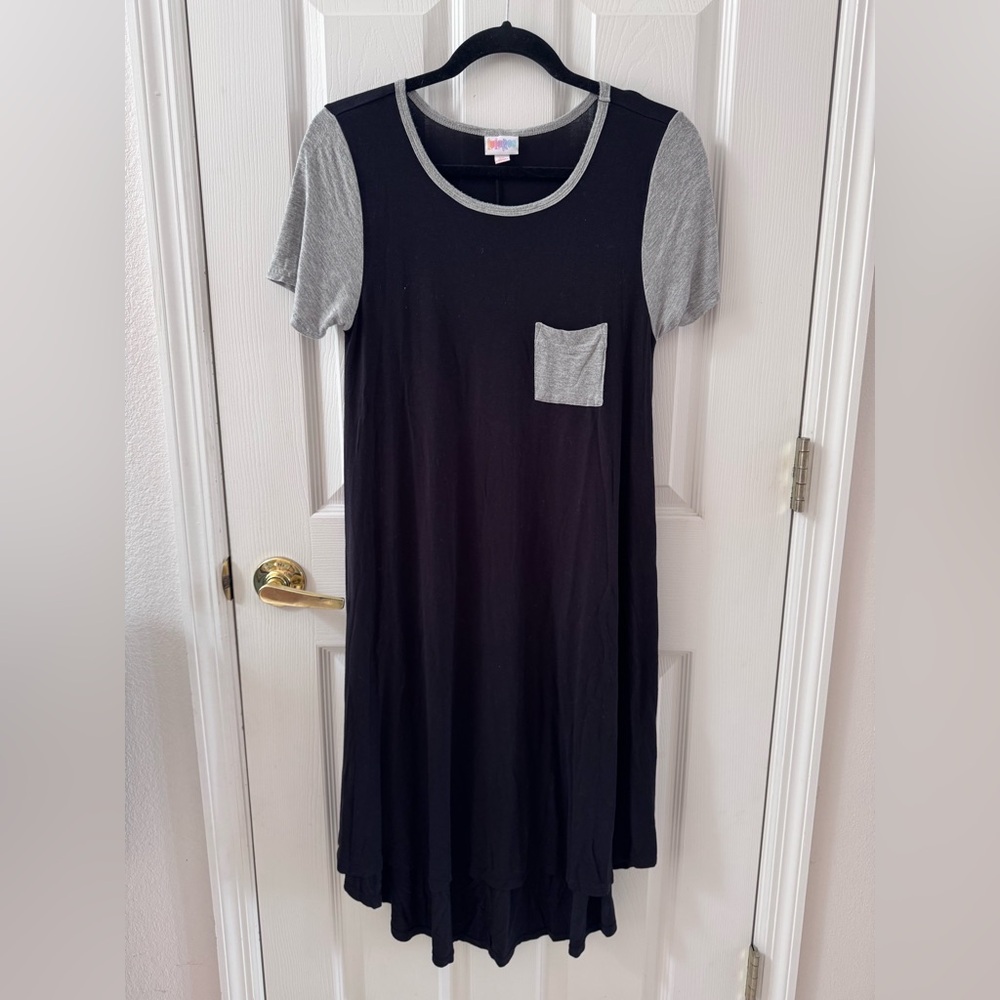 LuLaRoe Black Dress with Gray Accents - Midi Pocket Tee Style